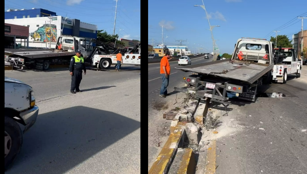 Choca una grúa de Grupo Riviera contra el puente de Playa del Carmen