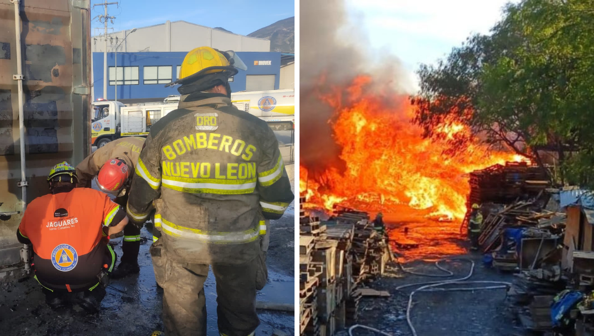 Fuerte incendio en Nuevo León consume moldes de fibra de vidrio y madera