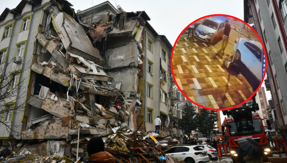 Hombre se avienta para escapar de un edificio durante el terremoto en Turquía: VIDEO