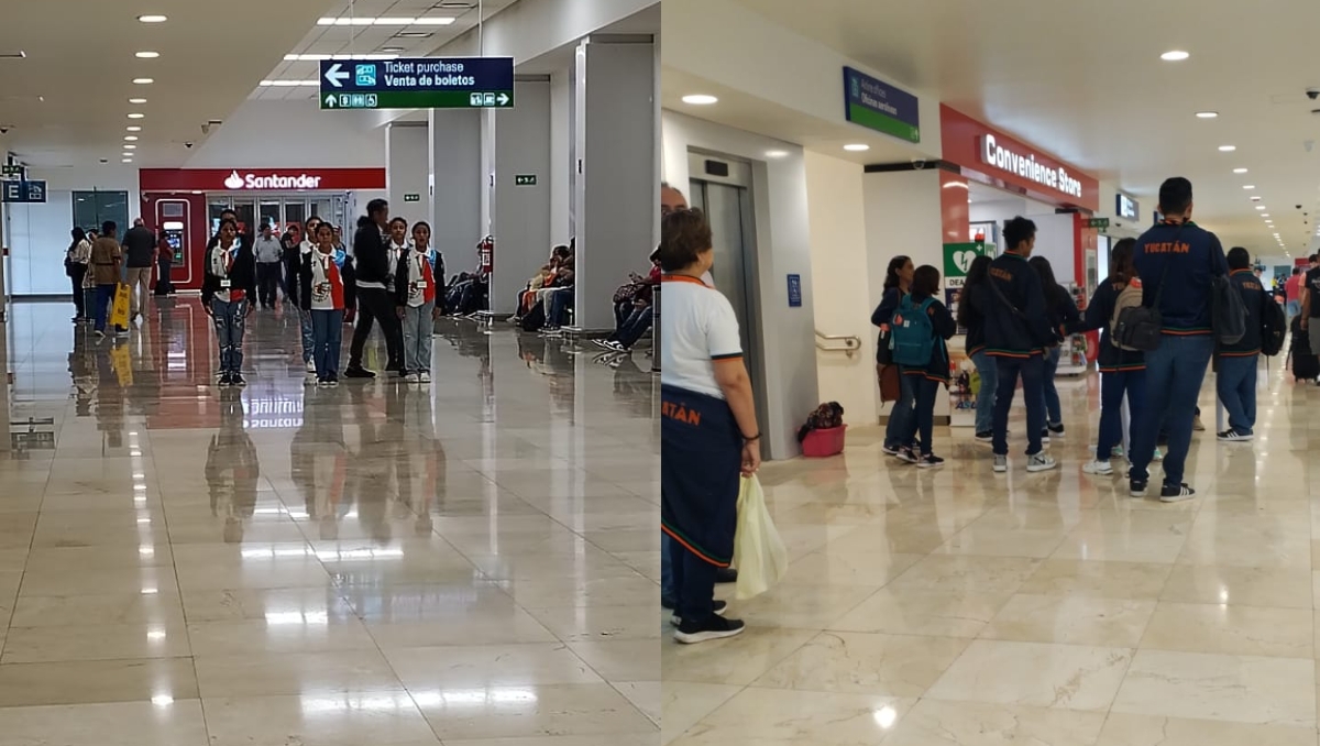 Escolta del Colegio de Isla Mujeres ensaya en el aeropuerto de Mérida previo a su vuelo