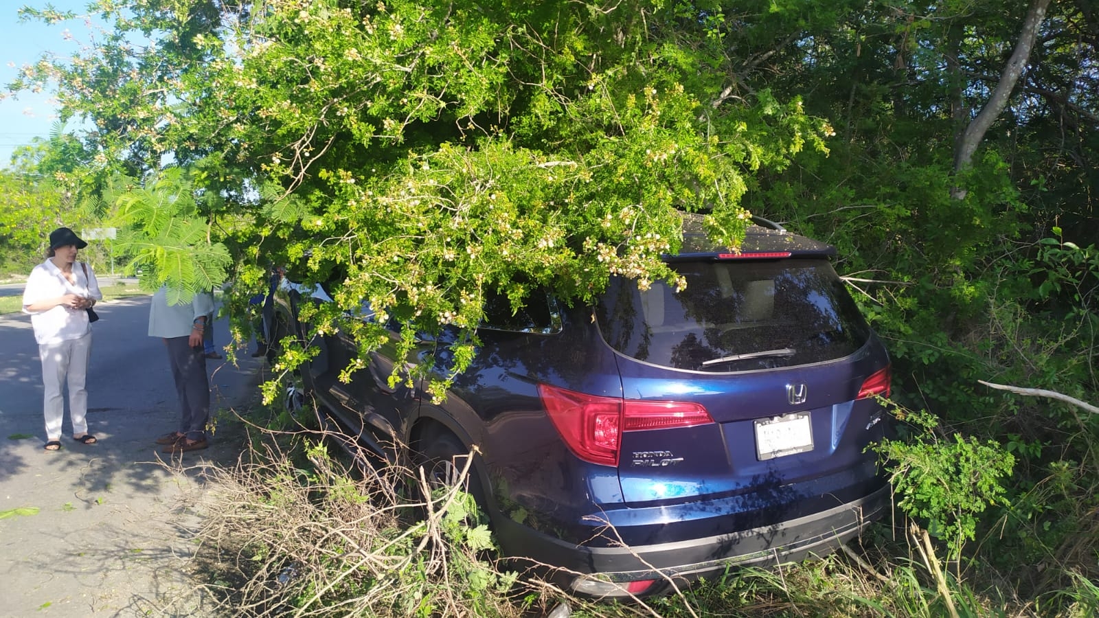 Por esquivar un auto, mujer se sale de la carretera al Norte de Mérida