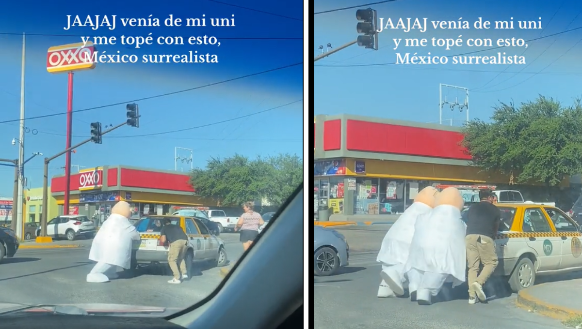 ¡Héroes! Botargas del Dr. Simi ayudan a empujar un taxi varado en la calle en Monterrey