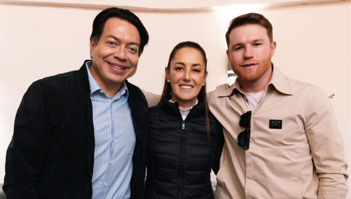 Mario Delgado con Claudia Sheinbaum y Canelo Álvarez