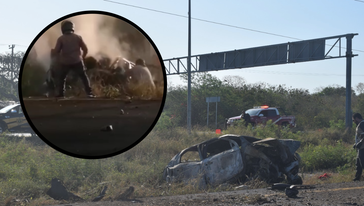 Captan momento en que dos personas mueren calcinadas en la vía Mérida-Progreso: VIDEO